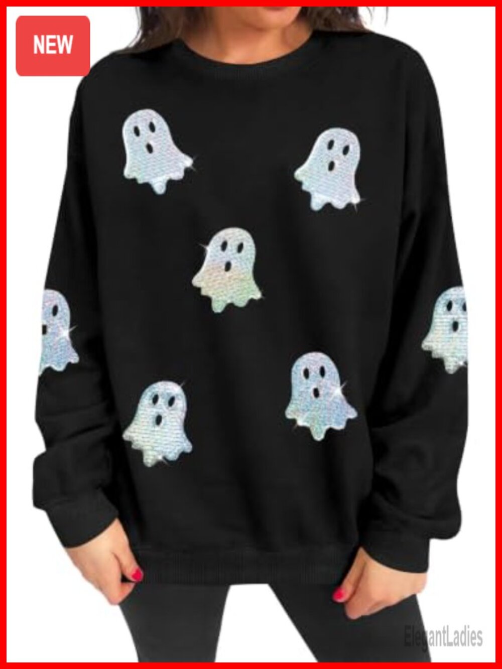 Sequin Ghost Halloween Sweatshirt Long Sleeve